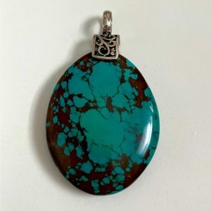 Unique, Handcrafted Pendant, Faux Dark Turquoise Stone, Variegated, Silver EUC